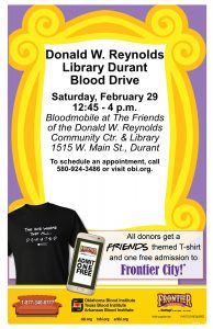 Blood Drive on Saturday, Feb. 29th in the library's west parking lot 12:45 to 4:00pm.